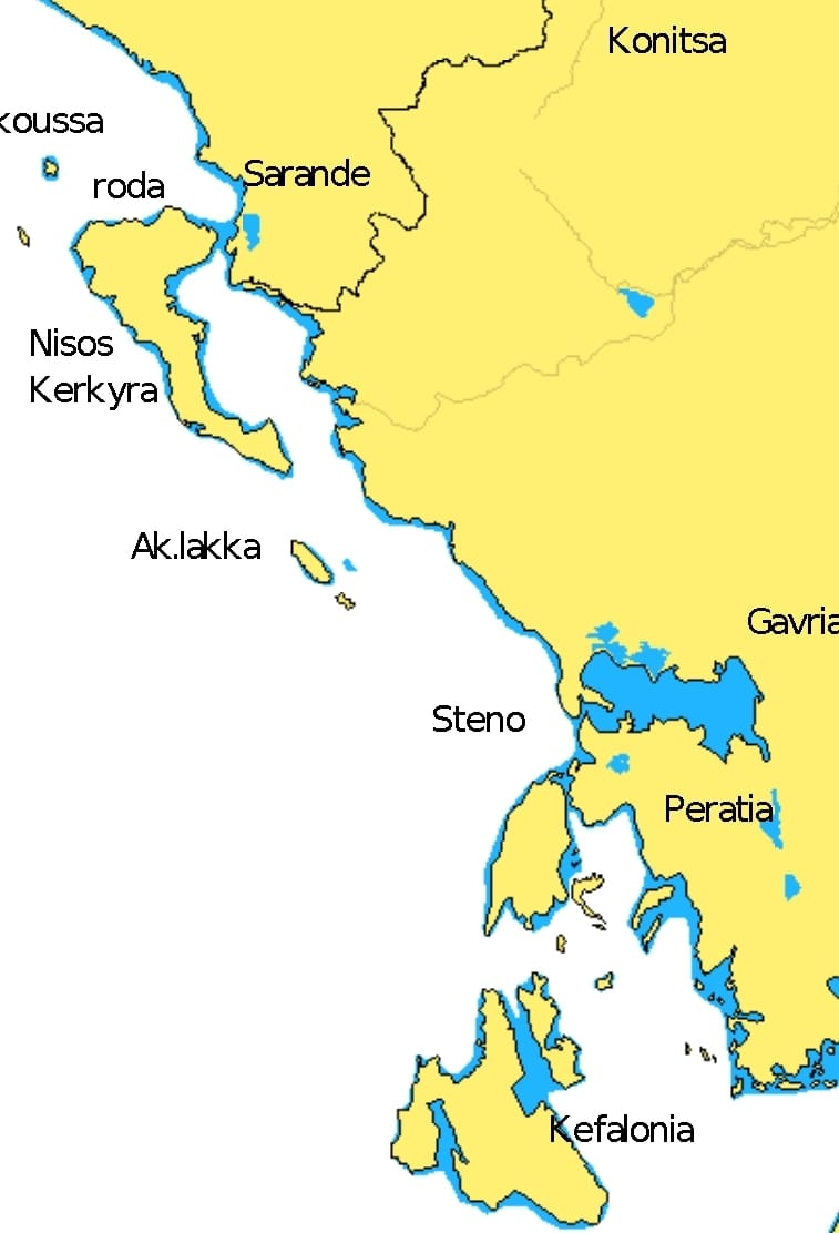 Mappa dell'area di navigazione: costa albanese, Corfù, Kefalonia